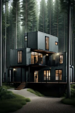 Medium-sized house in the woods made from shipping containers, photorealistic