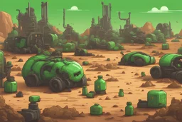 A 2d platformer background of a futuristic junk yard in a desert landscapewith heaps of robotic trash and soda bottles leaking green goo, in modern 16-bit pixel art style