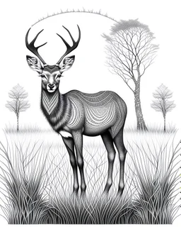 coloring pages: Majestic deer in an Afrocentric art style, adorned with intricate tribal patterns, and flowing mane-like hair, standing tall and proud in a lush savannah, surrounded by tall grass and baobab trees, Artwork, mixed media on canvas coloring pages