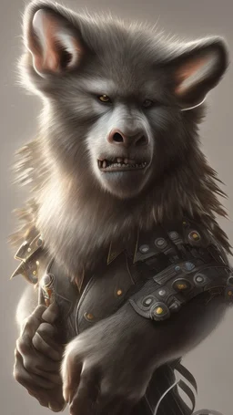 Une créature a l'aspect général d'un primate avec une tête de loup. Son pelage est blanc neige.