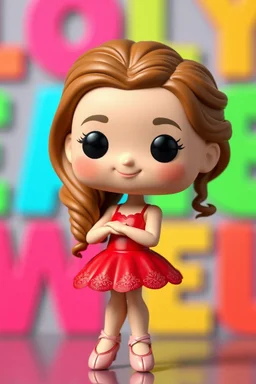 Funko figure of a very young female, smiling, long wavy light brown hair, wearing a ballerina dress, red dress, ballet, very cute, ballet pose,.very colorful background typography, 3D render.