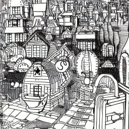 Village in the cosmos in Winsor McCay style and dr seuss style