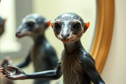 full body portrait of humanoid weasel shiny yoga gollum crow air captain racer semi transparent hypnotic kind eyes in front of mirror