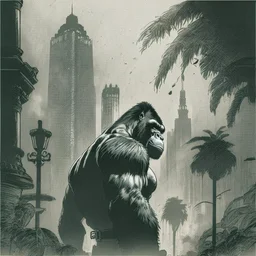 Harambe, in sincity style. Ink art. Comicbook style 1990. London 1800. Fog.