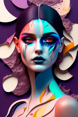 papercut 3d portrait of young woman, fantasy, beautiful, dark eyes, dark make up, streaks of paint, paint blobs and smears, paint powder, textured, oil paints, papercut, UHD, octane render, 8k, depth of field, 3d