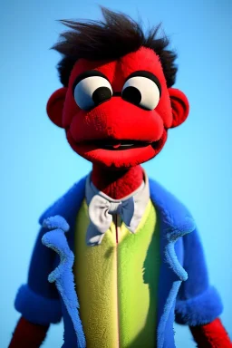 Waist up muppet Portrait, Nicolas maduro muppet doll, tracksuit red blue and yellow, mustache, photo studio, red background, unreal engine 5, concept art, art station, ray tracing, lumen lighting, ultra detail, volumetric lighting, 3d.