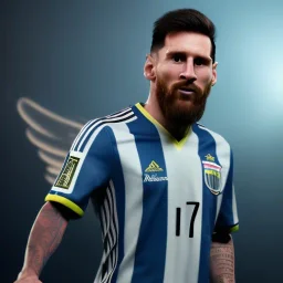 lionel messi, with champion argentina flag, highly detailed, wings, soft studio lighting, background 64k