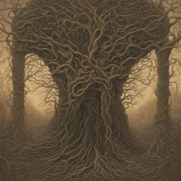 Creepy dark arch of Lovecraftian vines woven together in an artistic mesh pattern, surreal art, by Jack Yerka, by Zdzislaw Beksinski, intricately detailed ink illustration, dark indigo and dark brown color scheme.