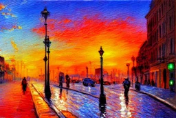 Sunset in the street, impressionism painting