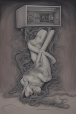 unsated lust on tech can lead to an untimely death; Surrealism; pastel pencils over black ink