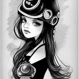 great illustrator, spanish, pencil sketch of a cute girl, beautiful, steampunk syle, black and white. Helmet with tubes.