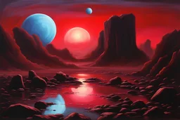 red sky with one planet in the horizon, rocks, 2000's sci-fi movies influence, mountains, puddle, epic, friedrich eckenfelder impressionism paintings