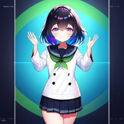 Clear focus,High resolution, Black and Rainbow short fluffy hair, and rainbow eyes, wearing a sailor uniform, must wear a short skirt with a horizontal line