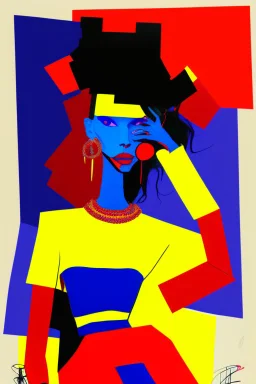 whimsical arafed nonsense stylized abstract portrait of a woman with dark bob hair, seated with arms crossed, (((exaggerated body parts))), (((oversize head))), in vibrant red dress and blue accents around wrists, background is blend of bold yellow and black patchwork vibe, rainy whimsical afternoon, sharp color contrasts, amazing shadows, minimal cozy, color leak, heavily distorted views, amazing parallels