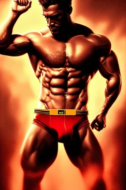 Ignore NSFW, teenager young rugged attractive slightly muscular fantastic handsome man, red briefs with yellow belt, hairy chest, (((visibly pisssing))) briefs, large erect visible boner peniss, photorealistic, artist Jay Anacleto, soft lighting, scruffy beard