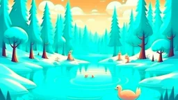 cartoon illustration: beautiful magic frozen lake with pines and magic creatures