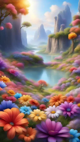 meraviglioso paesaggio fatato con fiori colorati a dimensione naturalesentiero con pietre preziose alta definizione