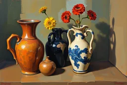 Oil painting of Vases and jugs in the style of frank Auerbach