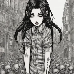 create a full body portrait illustration of a dark haired vampire gothpunk girl with highly detailed , sharply defined feminine facial features, in a chaotic, turbulent, otherworldly London in the anime horror style of Junji Ito, precisely drawn, inked, with dramatic edges,