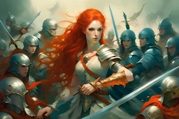 Painting of serious Redhead young woman fantasy queen with her sword and her army