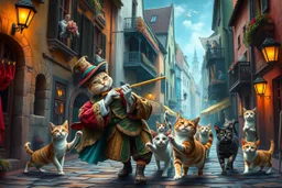 create "The Cat Pied Piper of Hamelin, whimsical and colorful Renaissance attire, playing a golden flute, leading playful and mischievous cats through vibrant, cobbled Renaissance streets, people on balconies laughing and pointing, surreal lighting, dreamlike vibe, highly detailed, vivid colors, painterly style, 8K, magical realism meets historical fiction --v 7 --ar 4:3 --style raw --q 2"