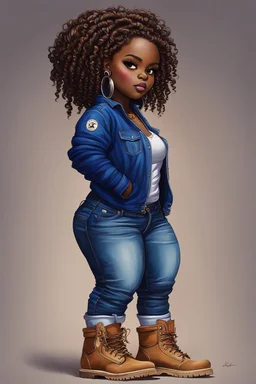 create an oil painting image of a plus size chibi dark skinned Black female wearing a sapphire blue jean outfit with timberland boots. Prominent make up with brown eyes. Highly detailed tight curly ombre dread locs