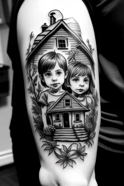 A black and white tattoo of three children in a house