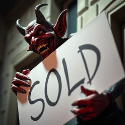 A realistic ghoulish laughing devil leaning forward at an angle as if over someone's shoulder, facing right, holding a large sign that says "SOLD" in clear letters. No humans, no extra subjects, cinematic horror lighting.