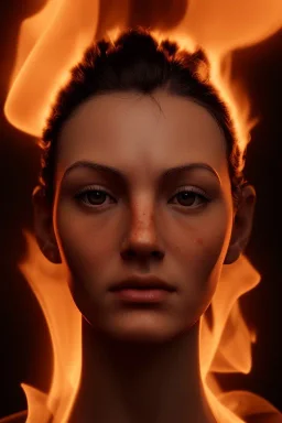 Fire theme art, Portrait of a woman by Michelangelo, 8K, close-up face, anatomically perfect face, dark moody night