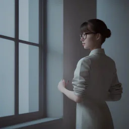 Study girl in university by the window ,movie, real photo realistic, unreal engine, cinematic lighting --ar 1:1 creative