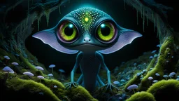 Mesmerizing, full-body illustration of a delicate translucent nocturnal alien, large detailed eyes with illuminated slit pupils, body adorned with colorful bioluminescent spores and lichens in a fungal fractal pattern, in a dark, wet cave, dimly lit by the glow of luminescent moss and fungi, bringing to life the splendor of this amazing species in its pristine, extraterrestrial habitat, misty, raining, wet, glossy, ultra-detailed, intricated details, cinematic alien background, fungal art