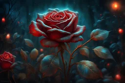 Alexander Jansson || CLOSE UP OF Breathtaking, Gorgeous, Glowing Bioluminescent Red Rose Flower, AT NIGHT, Golden Magic, Gorgeous, Intricate, Extremely Detailed, Beautiful”