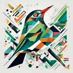 The image features a cuckoo bird with an open beak, like a cuckoo, on a white background, which is depicted in an abstract and geometric style with minimal elements, with elements of Neo-Cubism and Fauvism, using vivid colors and bold lines. The bird is depicted using a minimum of different shapes and patterns, for example its wing is green with black dots. The bird's surroundings are made up of a few different geometric shapes that harmoniously complement the overall picture. The overall impres