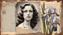 old album, old photograph, torn edges, beautiful woman, irises, torn newspaper, double exposure,