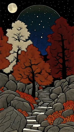Autumn colors, peaceful, Egon Schiele, Max Ernst, night sky filled with galaxies and stars, rocks, trees, flowers, one-line drawing, sharp focus, 8k, deep 3d field, intricate, ornate, one million strokes