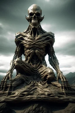 sculpture of god on a top of a mountain open his arms . decayed and rotting with grotesque proportions and imagery. abstract grotesqueries, detailed texture, surreal horror, biomechanical design, by hr giger and beksinski