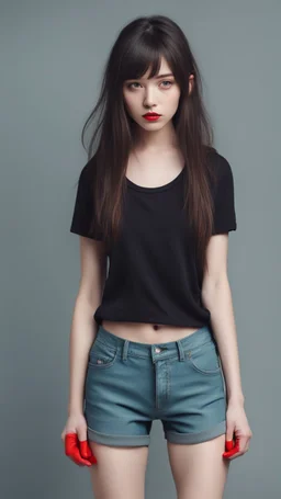 generate a full-length girl with gray-green sad eyes, with dark hair above the shoulders, a round face, not very plump lips, in a black T-shirt with a red print, short shorts, blue socks