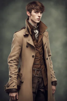 twenty years old Elven man, with brown eyes, short brown hair, dressed in a steampunk style trench coat.