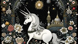 A medieval fantasy scene with a white unicorn, a black cat and various mystical elements such as a crescent moon, flowers and ornamental patterns in the background.