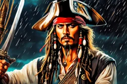 Johnny deep in 8k anime realistic drawing style, Jack Sparrow them, pirate custom, close picture, rain, neon, intricate details, highly detailed, high details, detailed portrait, masterpiece,ultra detailed, ultra quality