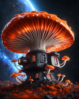 singular weird floating mushroom house in space. platinum, white, and tangerine tetradic colors , Dark cosmic galactic interstellar. Detailed Matte Painting, deep color, fantastical, intricate detail, splash screen, hyperdetailed, insane depth, concept art, 8k resolution, trending on Artstation, Unreal Engine 5, color depth, backlit, splash art, dramatic, High Quality Whimsical Fun Imaginative unusual, good composition