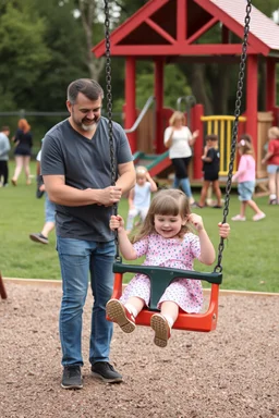 a 40 year old dad in the playground with his young 3 year old daughter playing on the swing but the dad is distracted by all the other kids curvy mums . there are many kids playing on the playground