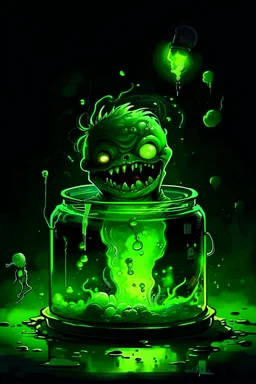 Alien fetus in a giant jar floating in green liquid and is alive, angry, and in a dark laboratory