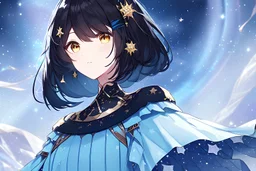A beautifully detailed character design of one women with a dreamy demeanour, featuring black hair with stars as hair clips, sparkly golden eyes, The women is wearing a detailed yellow and light blue dress of delicate fabric and soft colours, adorned with patterns and accessories. close-up. light blue, white, starry night sky
