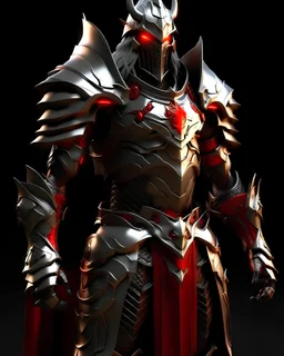 silver metal demon armor with crimson trim, gold highlights, glowing red eyes, long crimson cape, crimson hair out of the helmet