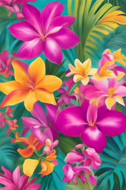 Combine tropical flowers from different continents, like orchids (Asia), bird-of-paradise (Africa), and plumeria (Hawaii), creating a lively, exotic atmosphere. Color Palette: Tropical explosion – vibrant magenta, sunny yellow, lush green, and turquoise.