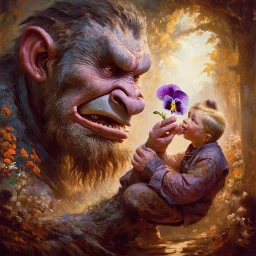 Kindness is everwhere Created in Remix: A grand Pre-Raphaelite style painting with intricate details, rendered in stunning 8k resolution. In the center, a colossal troll tenderly presents a delicate pansy on his fingertip to a young boy, capturing a moment of unexpected tenderness in a mythical world. Rich colors, intricate brush strokes, and emotional expressions elevate the scene to a masterful work of art.