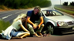 man and crying lady on side of the road inside broken down jetta