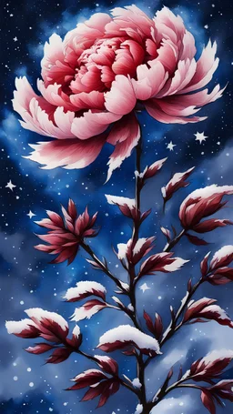 Peony flower painting on red blue starry sky background, bright ink painting, upward trend, artistic conception beauty, photographic style, high definition, high detail, detail painting, plant morphology, peony flower in snow, 8k