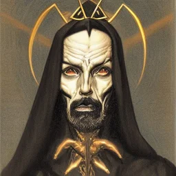 Portrait of Lucifer looking like Nergal from Behemoth symmetric realistic with golden crown